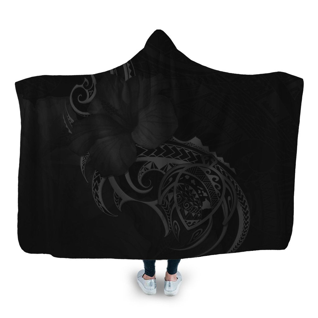 Hawaii Map Turtle Hibiscus Divise Polynesian Hooded Blanket Gray - AH Hooded Blanket White - Polynesian Pride