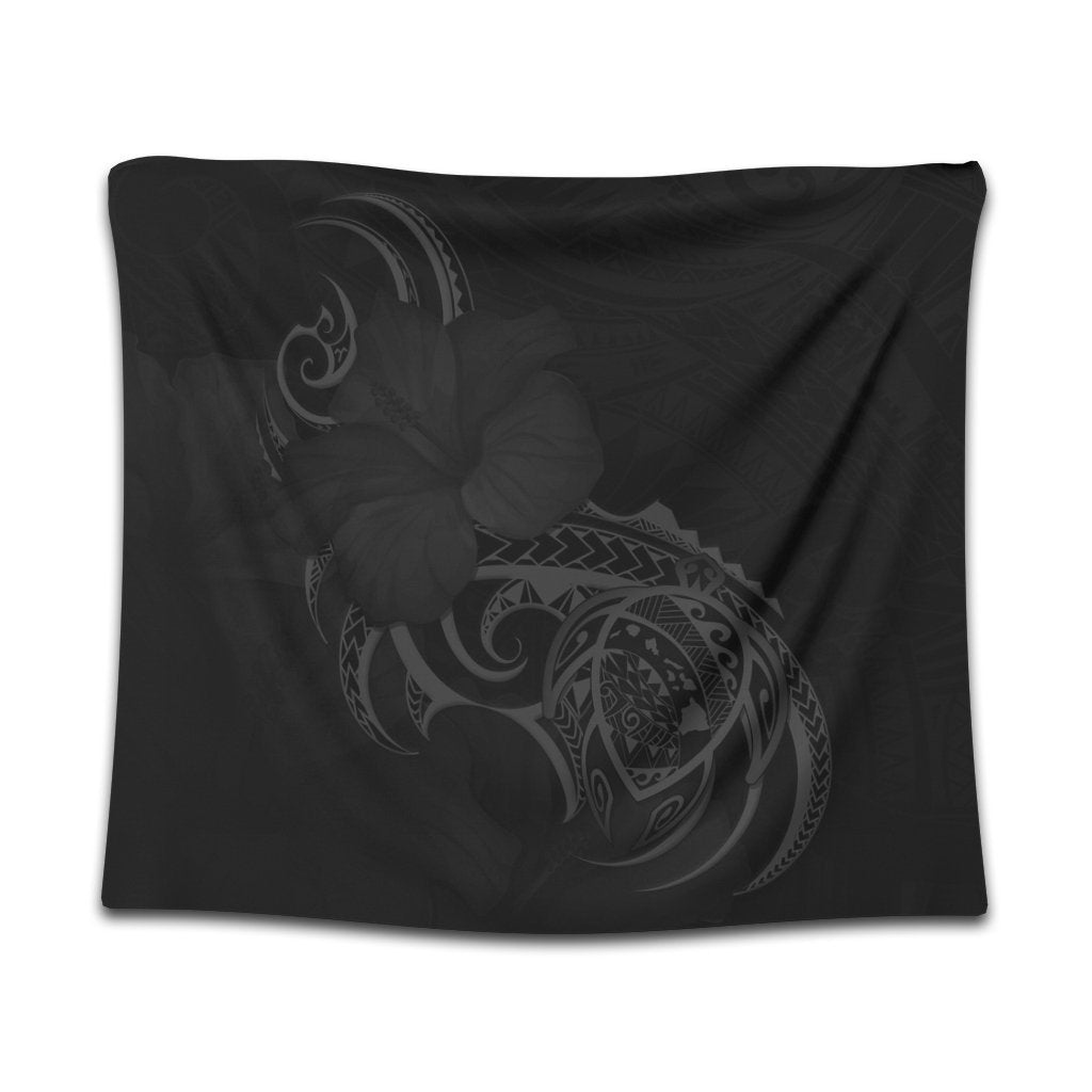 Hawaii Map Turtle Hibiscus Divise Polynesian Tapestry Gray - AH Wall Tapestry Black - Polynesian Pride