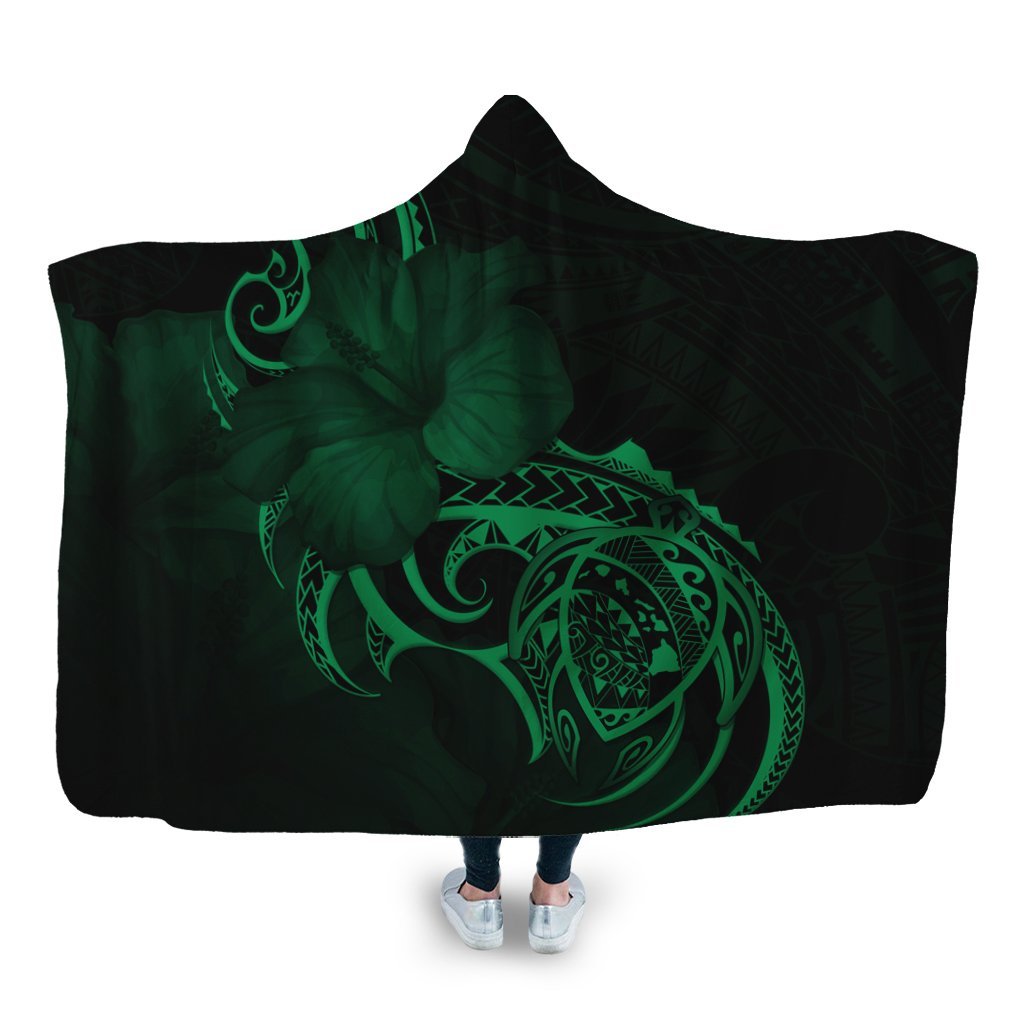 Hawaii Map Turtle Hibiscus Divise Polynesian Hooded Blanket Green - AH Hooded Blanket White - Polynesian Pride