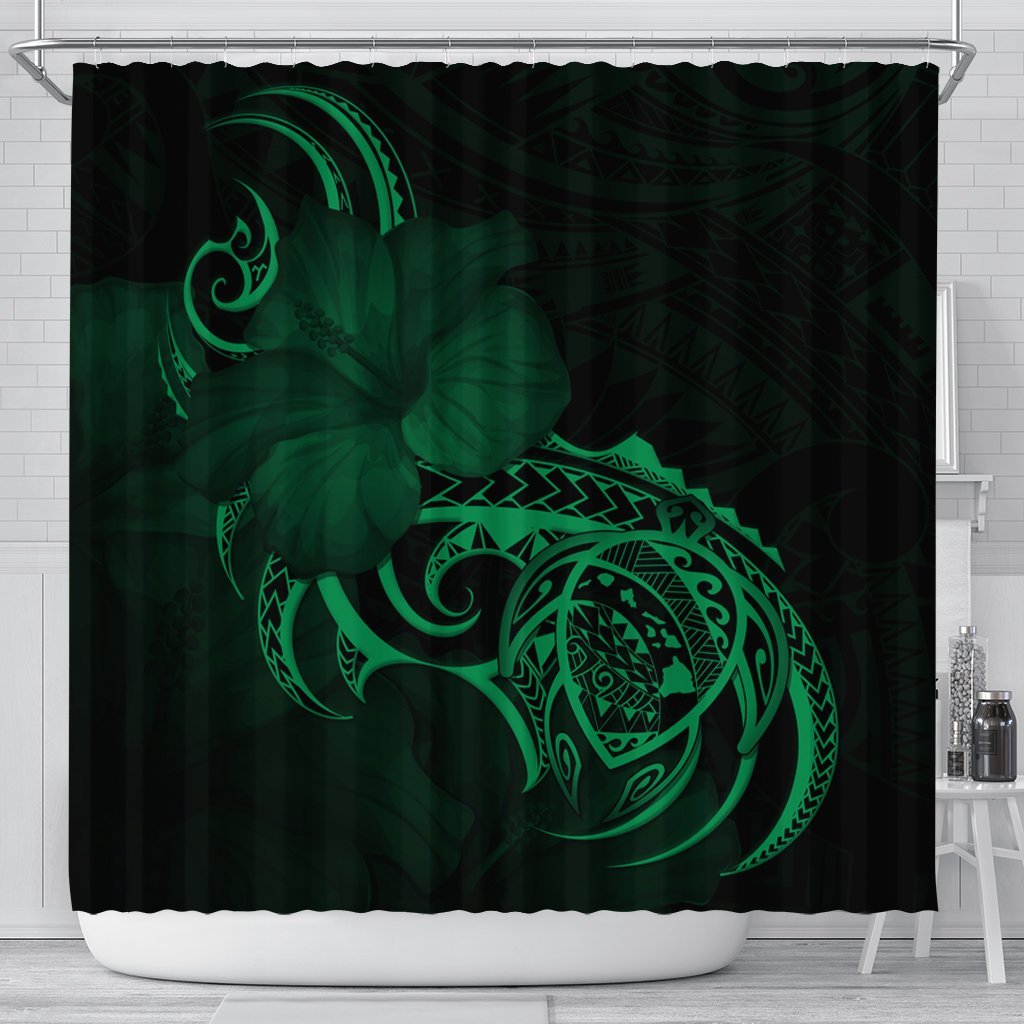 Hawaii Map Turtle Hibiscus Divise Polynesian Shower Curtain Green - AH 177 x 172 (cm) Black - Polynesian Pride