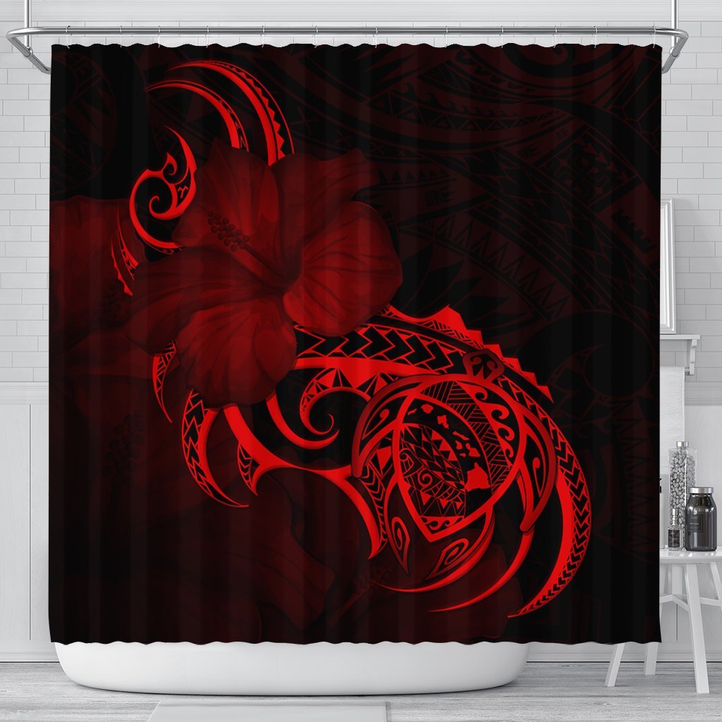 Hawaii Map Turtle Hibiscus Divise Polynesian Shower Curtain Red - AH 177 x 172 (cm) Black - Polynesian Pride