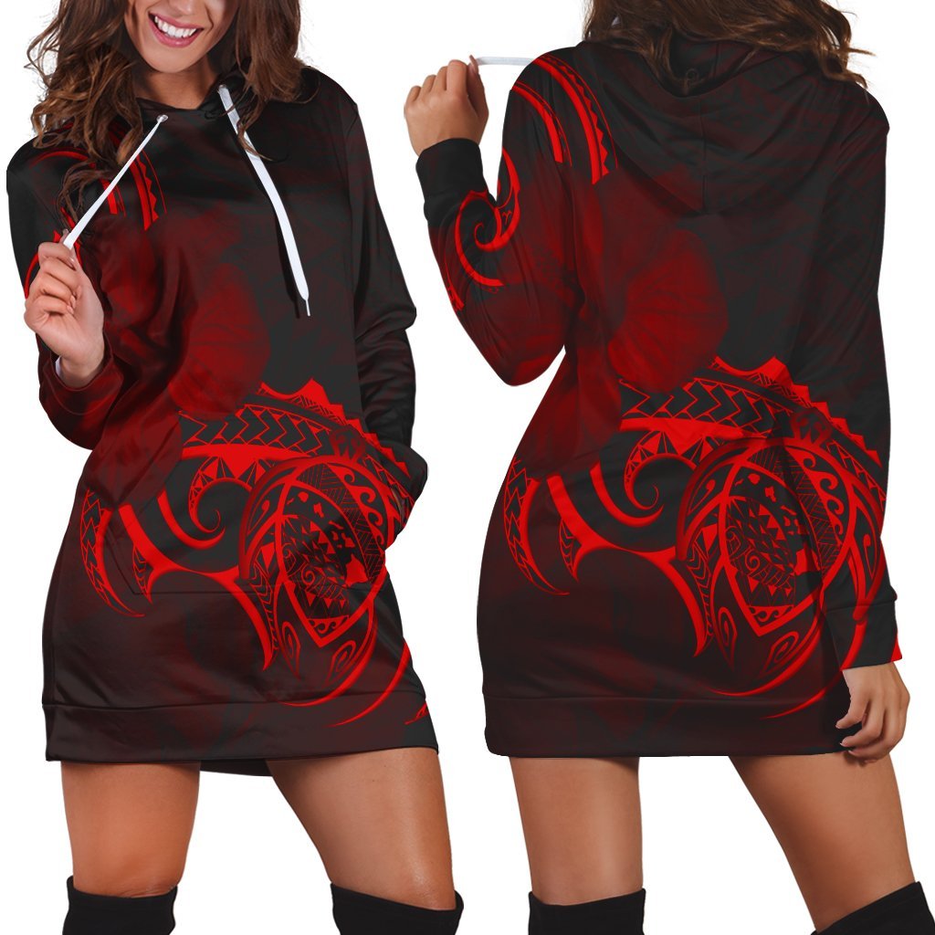 Hawaii Map Turtle Hibiscus Divise Polynesian Hoodie Dress Red - AH Black - Polynesian Pride