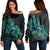 Hawaii Map Turtle Hibiscus Divise Polynesian Women's Off Shoulder Sweater Turquoise - AH Black - Polynesian Pride