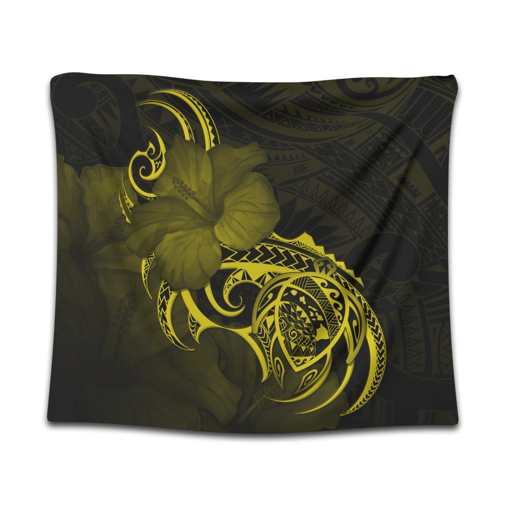 Hawaii Map Turtle Hibiscus Divise Polynesian Tapestry Yellow - AH Wall Tapestry Black - Polynesian Pride