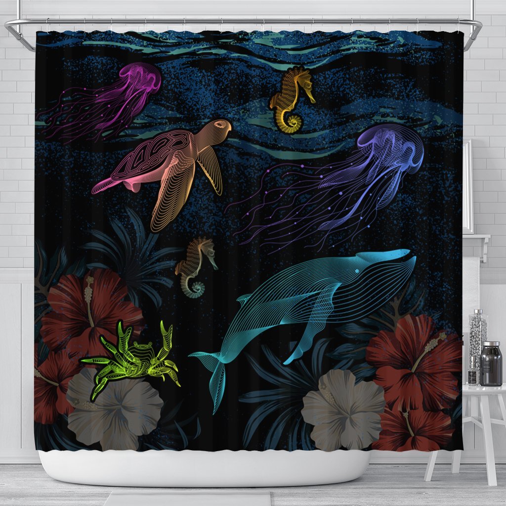 Hawaii Marine Life Sea Shower Curtain - AH 177 x 172 (cm) Black - Polynesian Pride