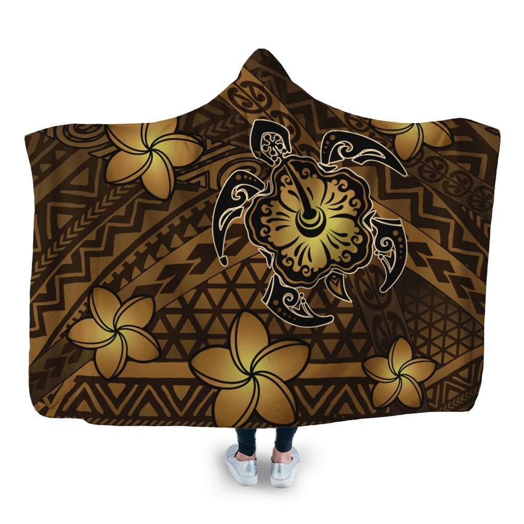 Hawaii Mix Polynesian Turtle Plumeria Hooded Blanket - AH - Nick Style - Brown Hooded Blanket White - Polynesian Pride