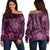 Hawaii Mix Polynesian Turtle Plumeria Women's Off Shoulder Sweater - AH - Nick Style - Pink Black - Polynesian Pride