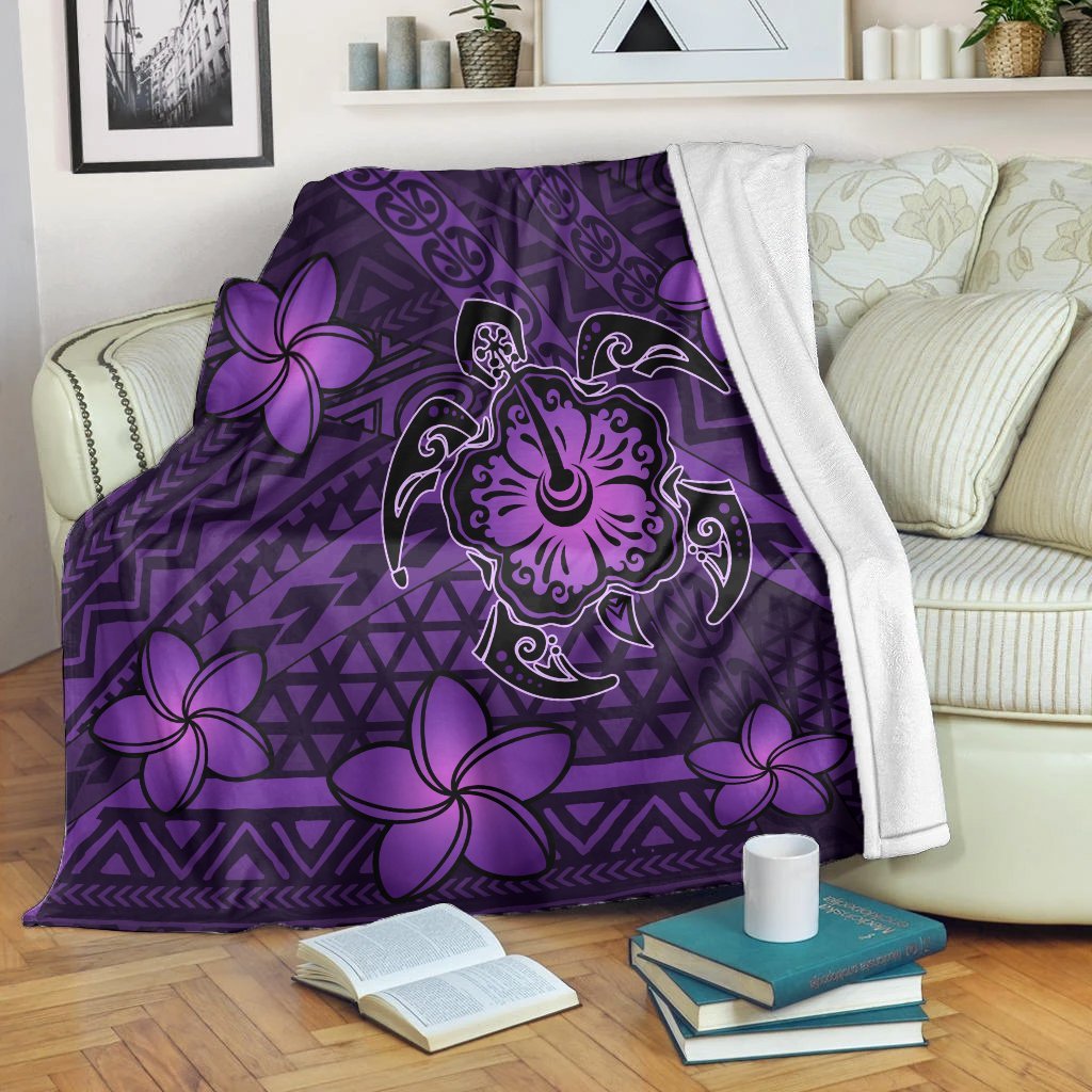 Hawaii Mix Polynesian Turtle Plumeria Premium Blankets - AH - Nick Style - Purple White - Polynesian Pride