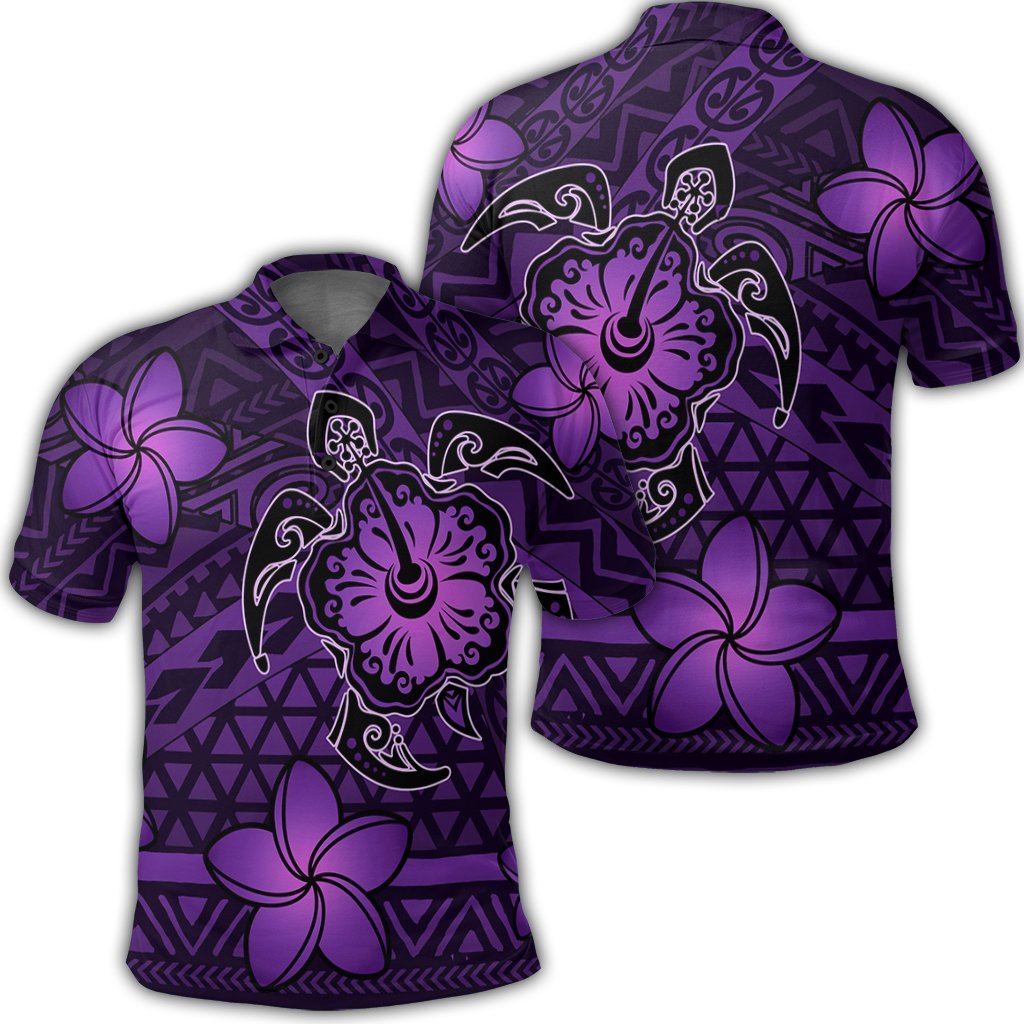 Hawaii Mix Polynesian Turtle Plumeria Polo Shirt Nick Style Purple Unisex Black - Polynesian Pride