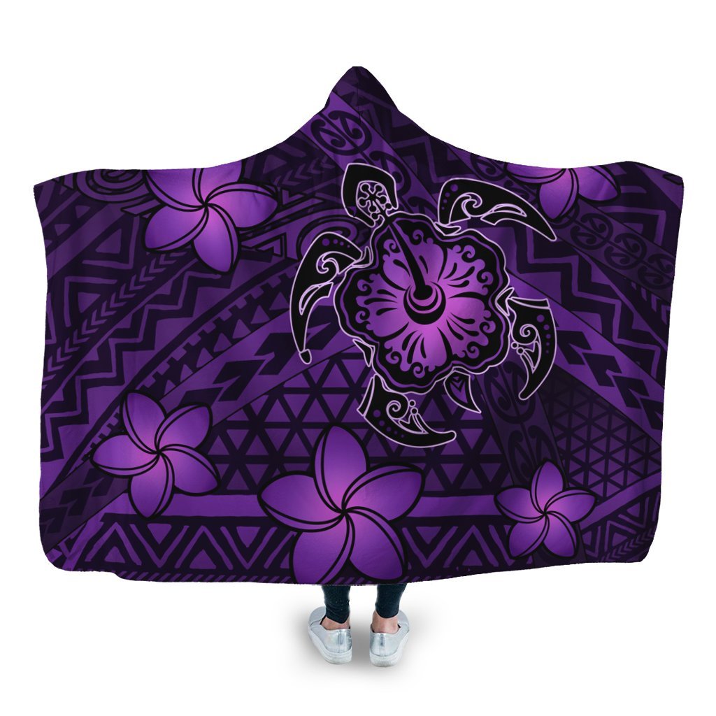 Hawaii Mix Polynesian Turtle Plumeria Hooded Blanket - AH - Nick Style - Purple Hooded Blanket White - Polynesian Pride