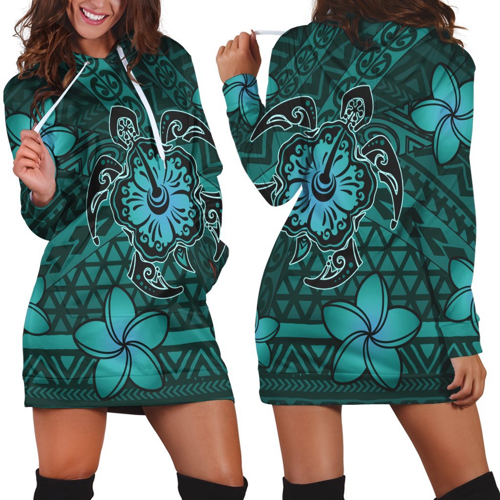 Hawaii Mix Polynesian Turtle Plumeria Hoodie Dress - AH - Nick Style - Turquoise Black - Polynesian Pride