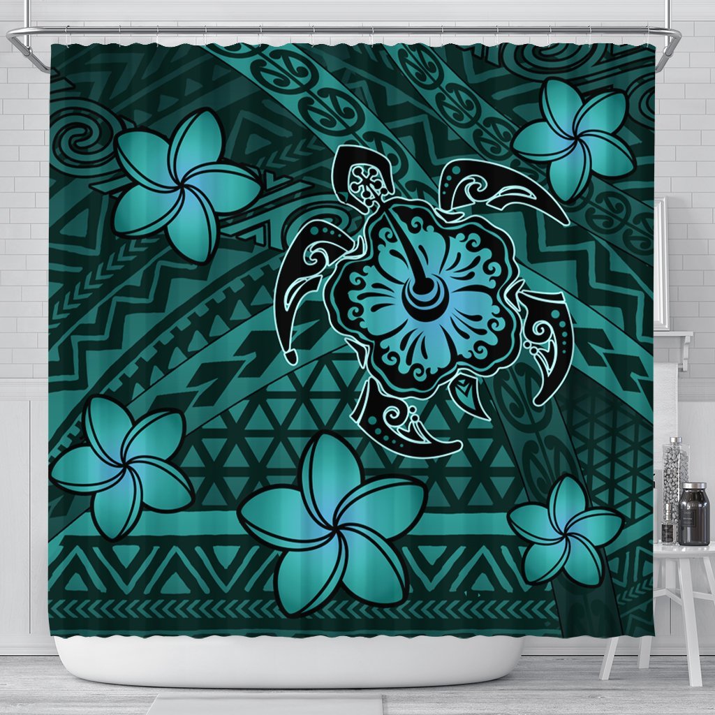 Hawaii Mix Polynesian Turtle Plumeria Shower Curtain - AH - Nick Style - Turquoise 177 x 172 (cm) Black - Polynesian Pride