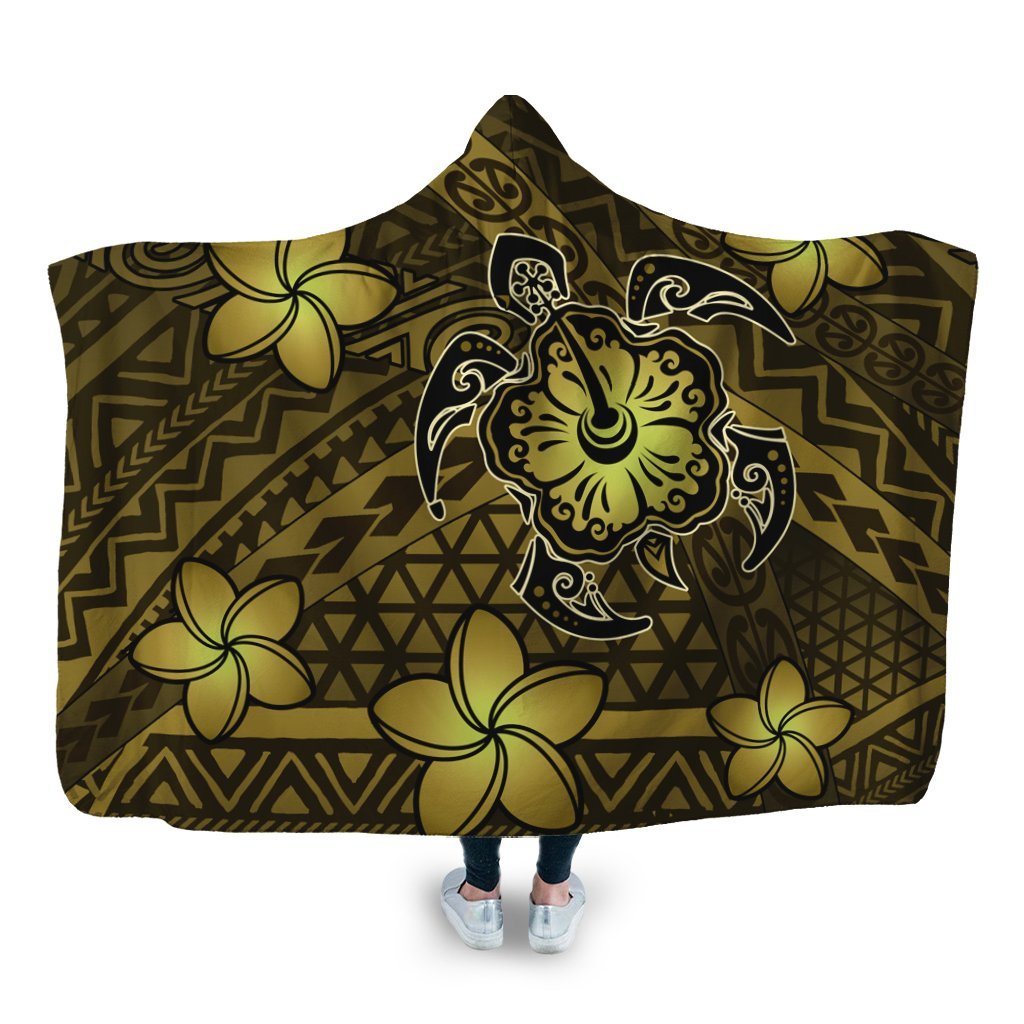 Hawaii Mix Polynesian Turtle Plumeria Hooded Blanket - AH - Nick Style - Yellow Hooded Blanket White - Polynesian Pride