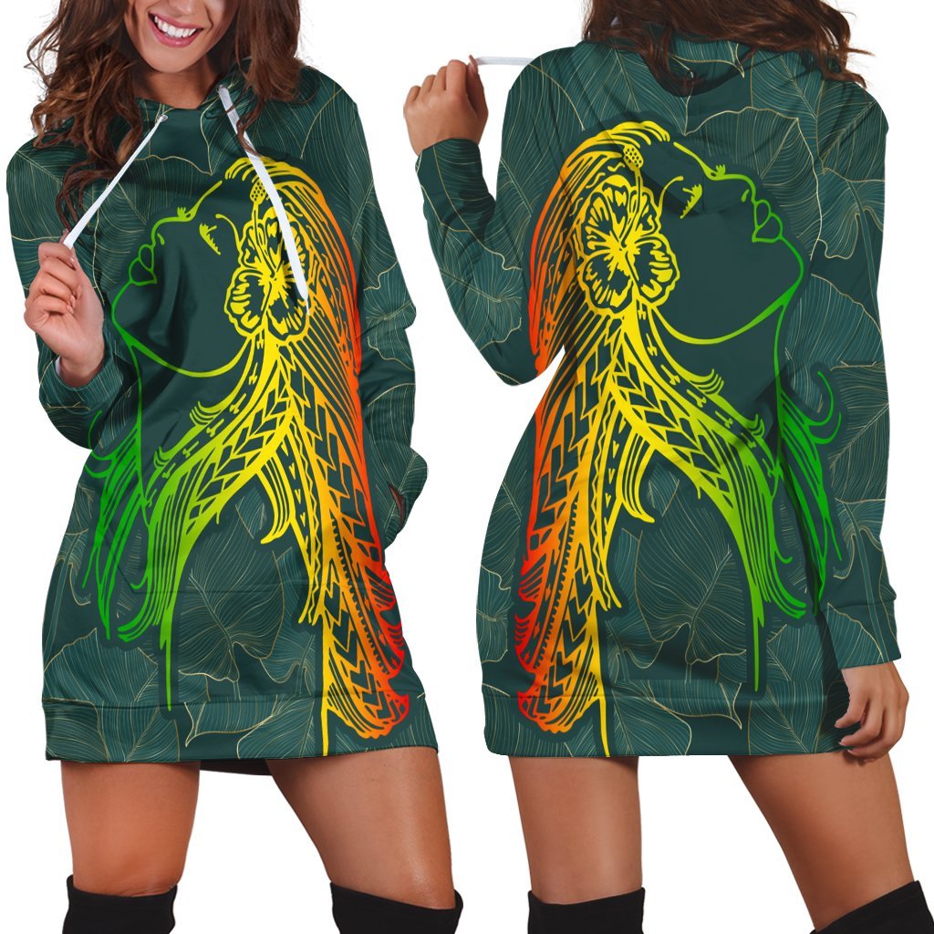 Hawaii Monstera Kalo Hula Girl Kanaka Maoli Hoodie Dress - AH Black - Polynesian Pride