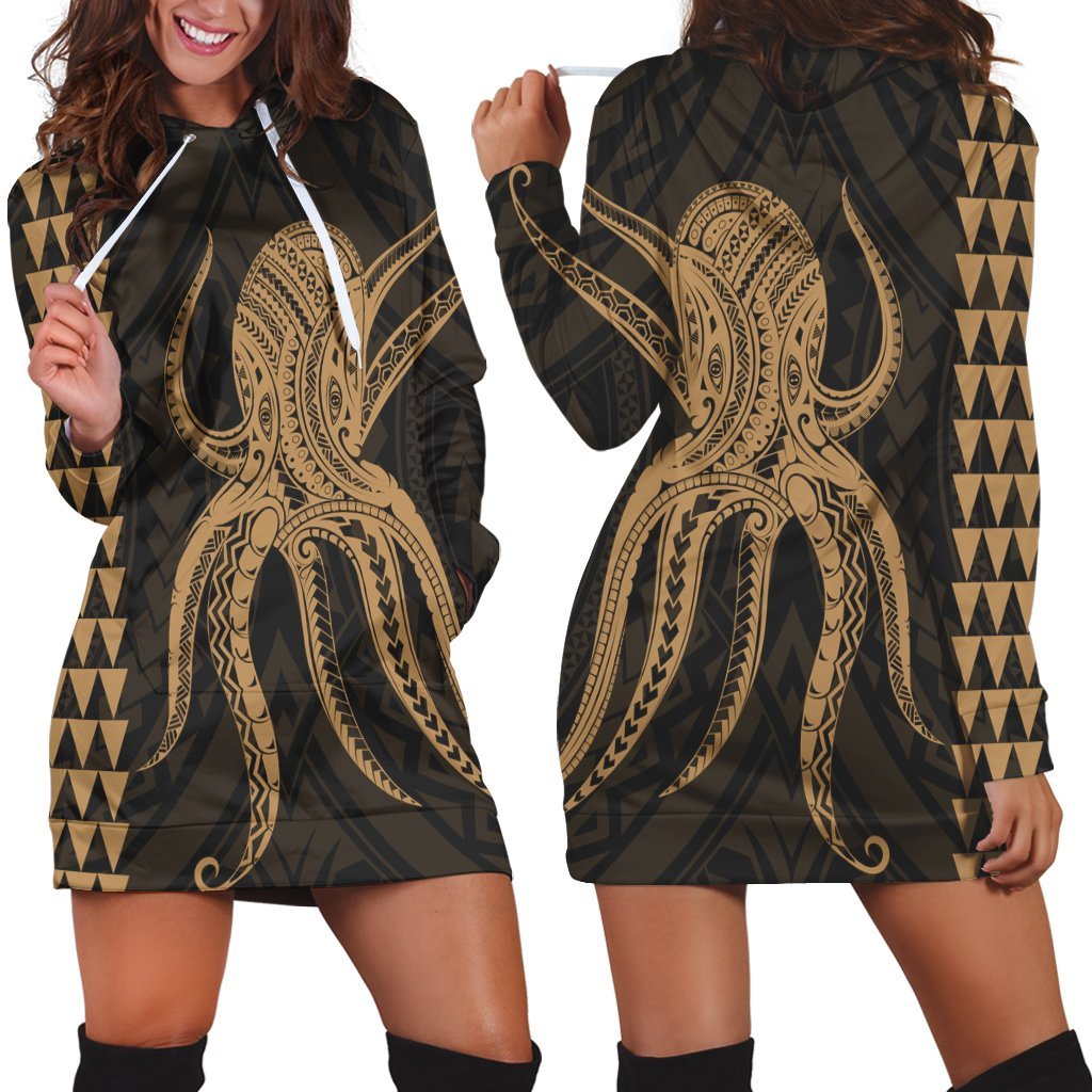 Hawaii Octopus KaKau Polynesian Hoodie Dress - Gold - AH Black - Polynesian Pride