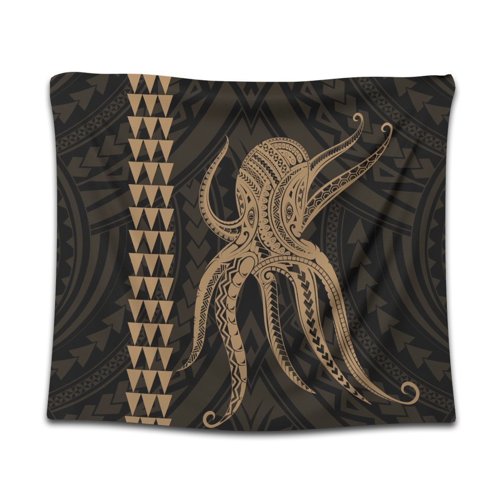 Hawaii Octopus KaKau Polynesian Tapestry - Gold - AH Wall Tapestry Black - Polynesian Pride