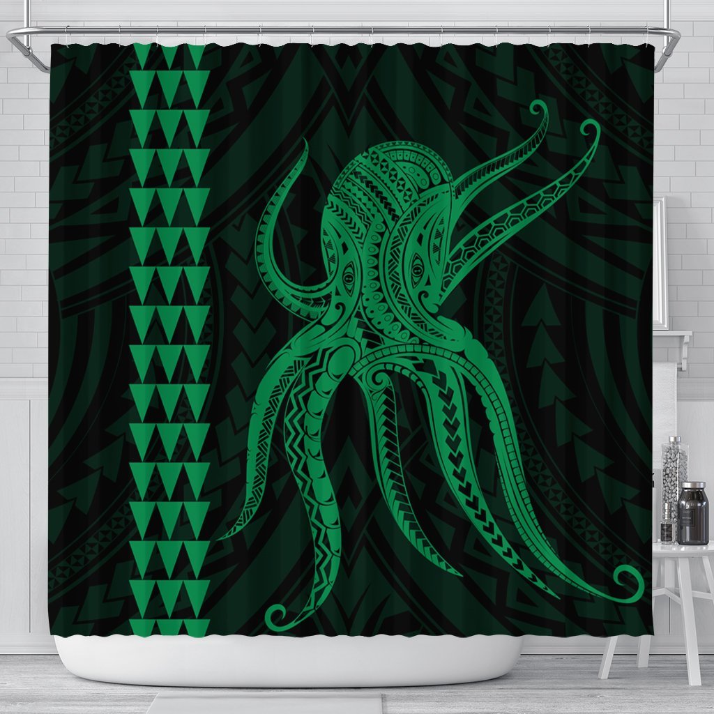 Hawaii Octopus KaKau Polynesian Shower Curtain - Green - AH 177 x 172 (cm) Black - Polynesian Pride