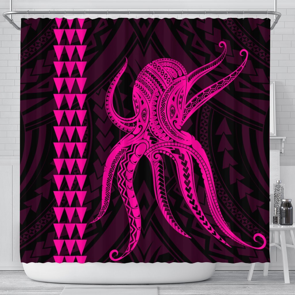 Hawaii Octopus KaKau Polynesian Shower Curtain - Pink - AH 177 x 172 (cm) Black - Polynesian Pride