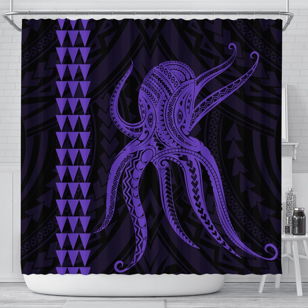 Hawaii Octopus KaKau Polynesian Shower Curtain - Purple - AH 177 x 172 (cm) Black - Polynesian Pride