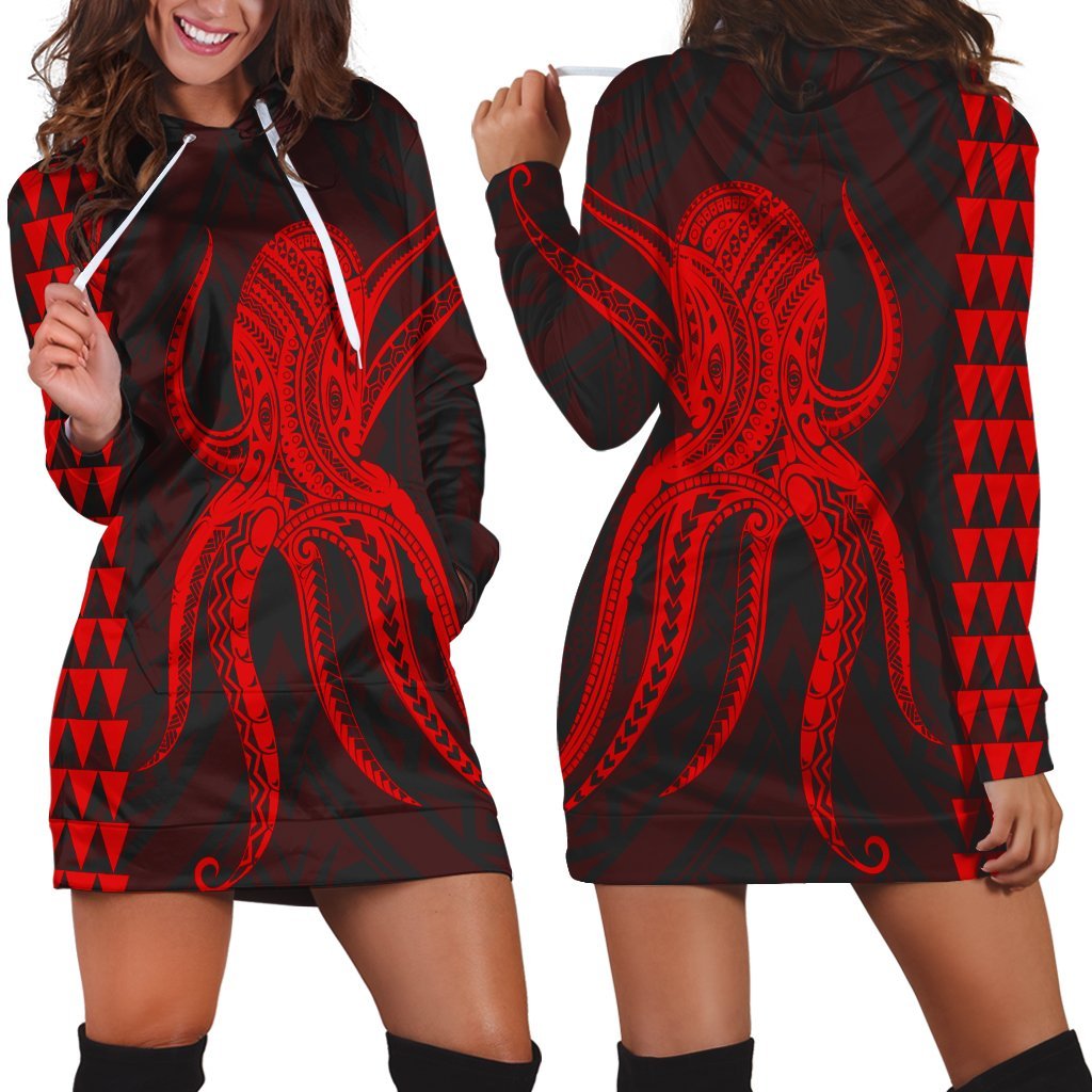 Hawaii Octopus KaKau Polynesian Hoodie Dress - Red - AH Black - Polynesian Pride