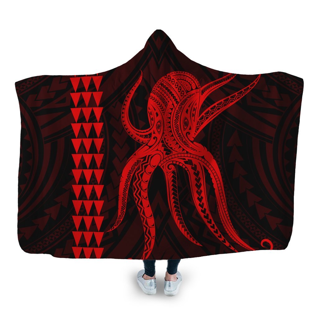 Hawaii Octopus KaKau Polynesian Hooded Blanket - Red - AH Hooded Blanket White - Polynesian Pride