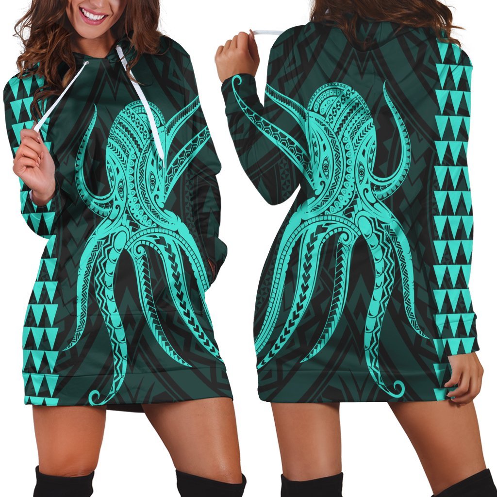 Hawaii Octopus KaKau Polynesian Hoodie Dress - Turquoise - AH Black - Polynesian Pride