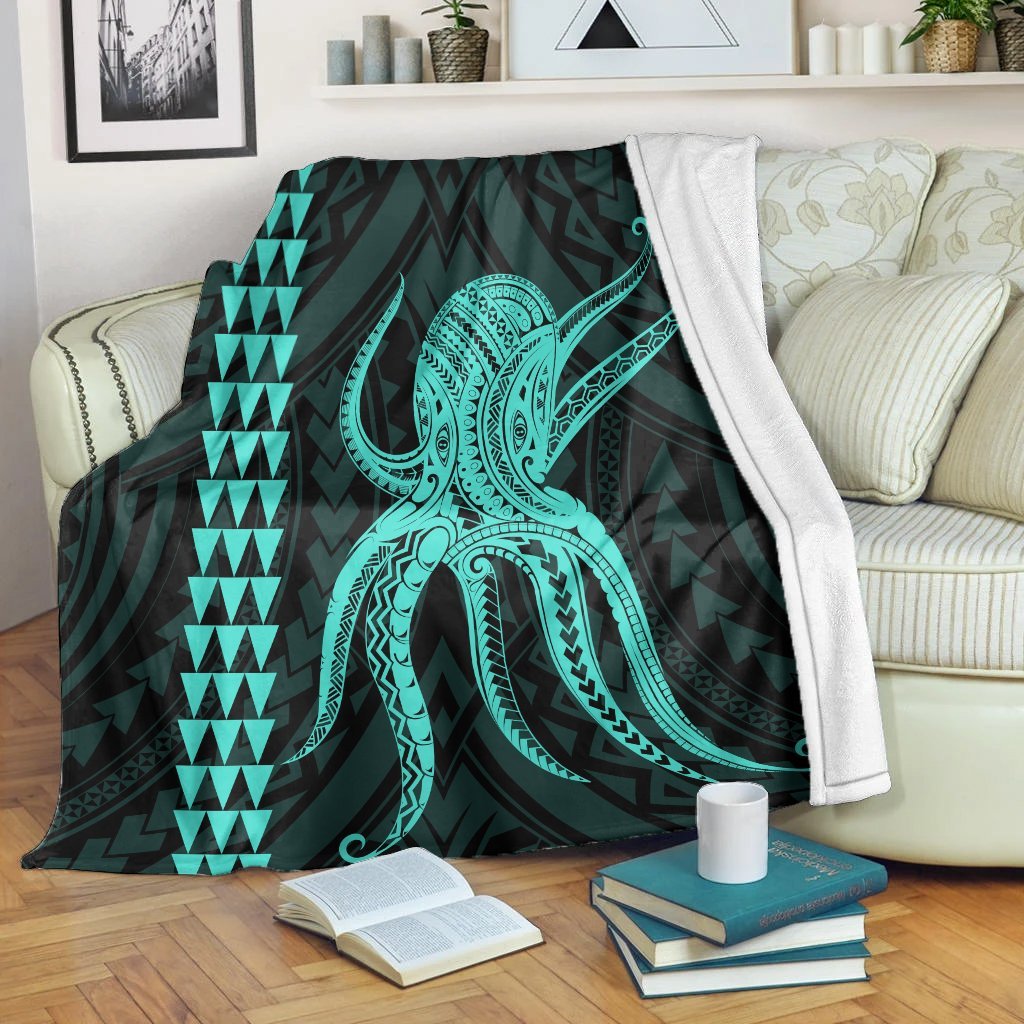 Hawaii Octopus KaKau Polynesian Premium Blankets - Turquoise - AH White - Polynesian Pride