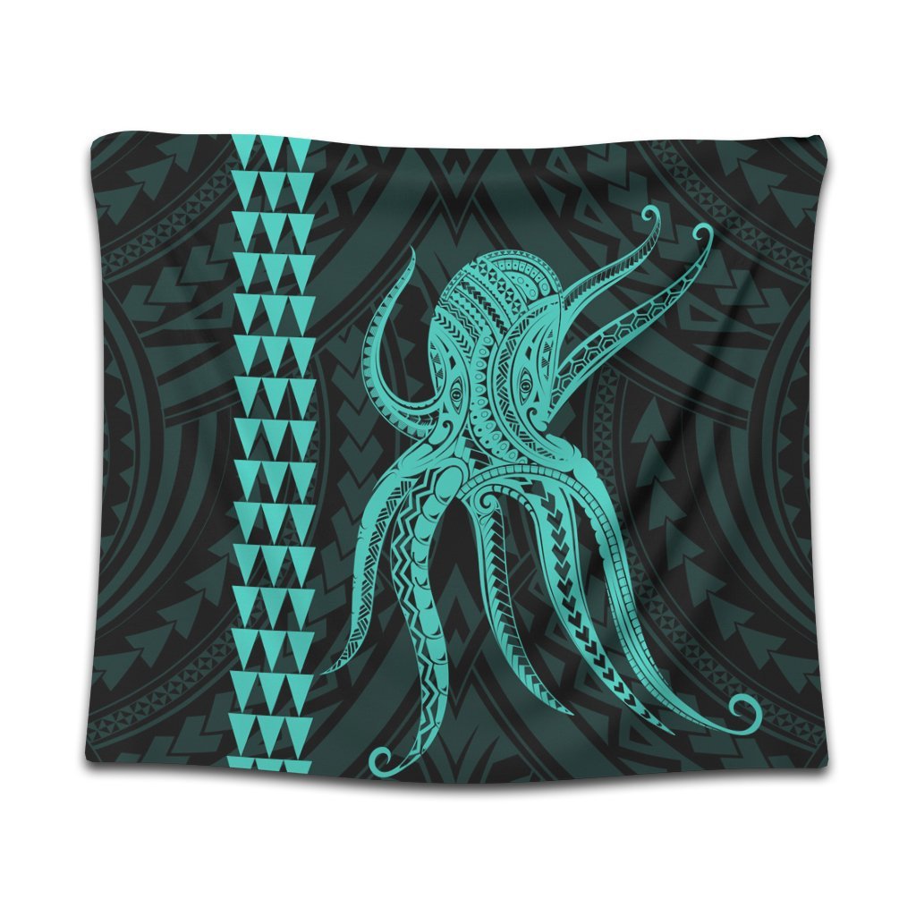 Hawaii Octopus KaKau Polynesian Tapestry - Turquoise - AH Wall Tapestry Black - Polynesian Pride