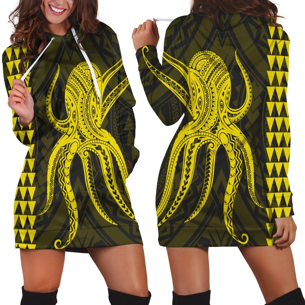 Hawaii Octopus KaKau Polynesian Hoodie Dress - Yellow - AH Black - Polynesian Pride