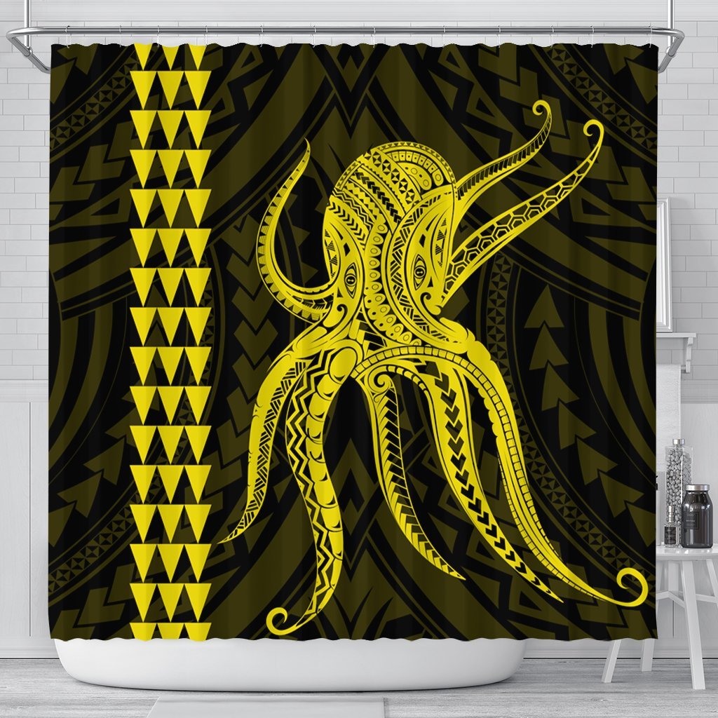 Hawaii Octopus KaKau Polynesian Shower Curtain - Yellow - AH 177 x 172 (cm) Black - Polynesian Pride