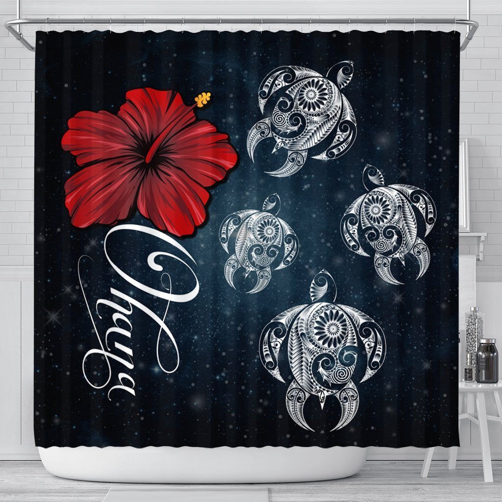 Hawaii Ohana Turtle Hibiscus Galaxy Shower Curtain - AH 177 x 172 (cm) Black - Polynesian Pride