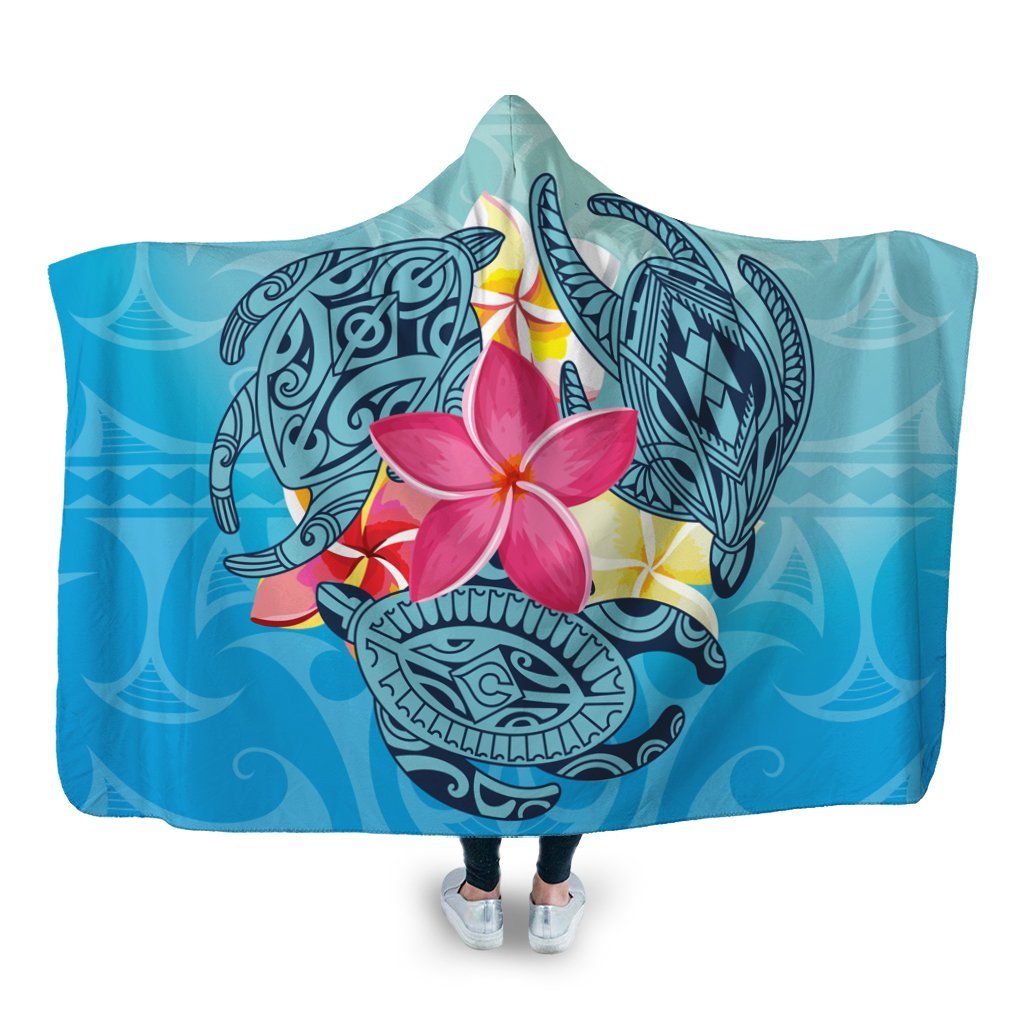 Hawaii Plumeria Deep Sea Circle Turtle Hooded Blanket - AH Hooded Blanket White - Polynesian Pride