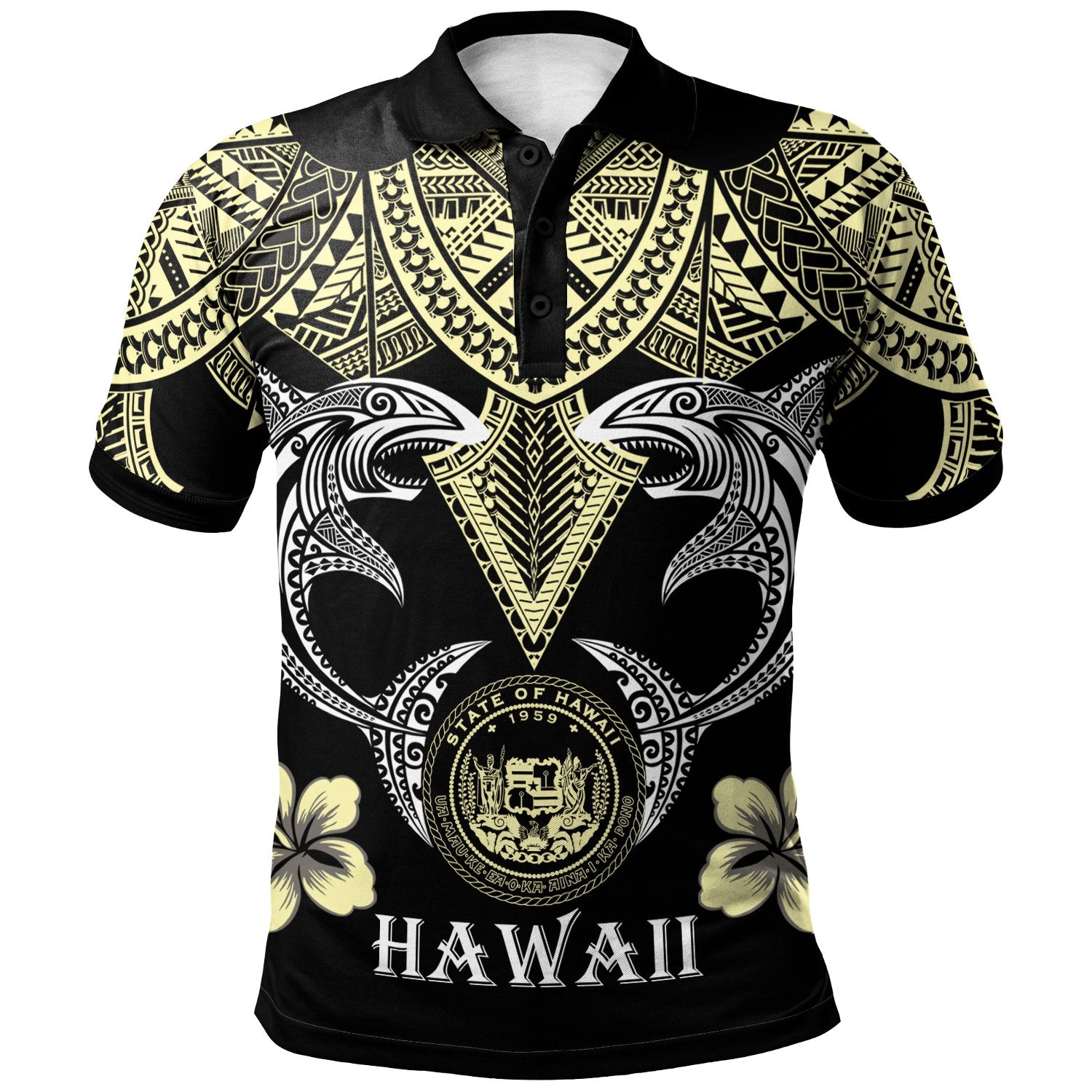 Hawaii Polo Shirt Pacific Maori Pattern Sharks Unisex Black - Polynesian Pride