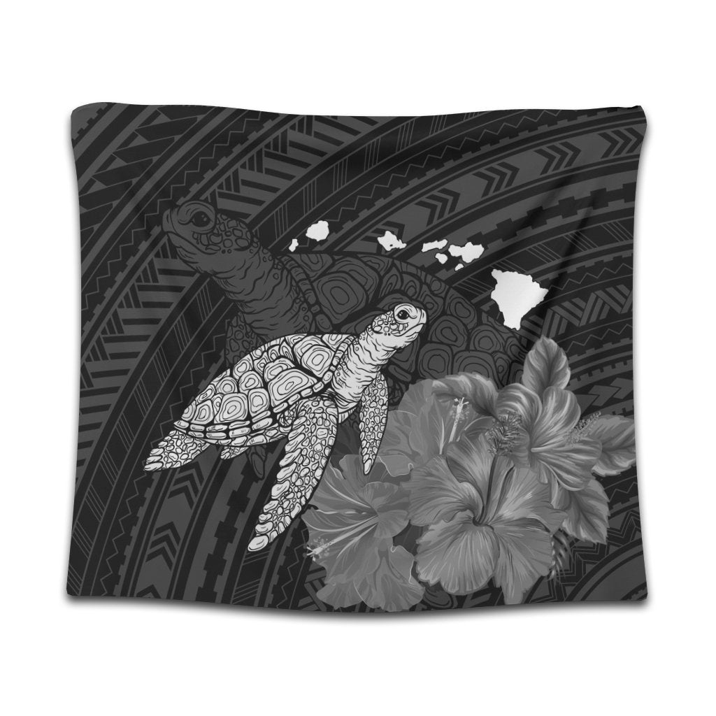 Hawaii Polynesian Hibiscus Turtle Map Tapestry - AH Wall Tapestry Black - Polynesian Pride