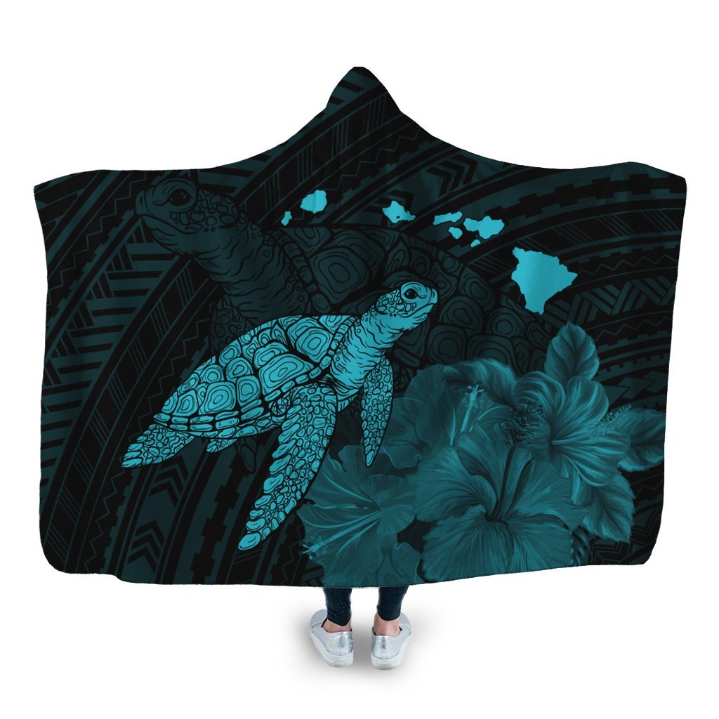 Hawaii Polynesian Hibiscus Turtle Map Hooded Blanket Blue - AH Hooded Blanket White - Polynesian Pride