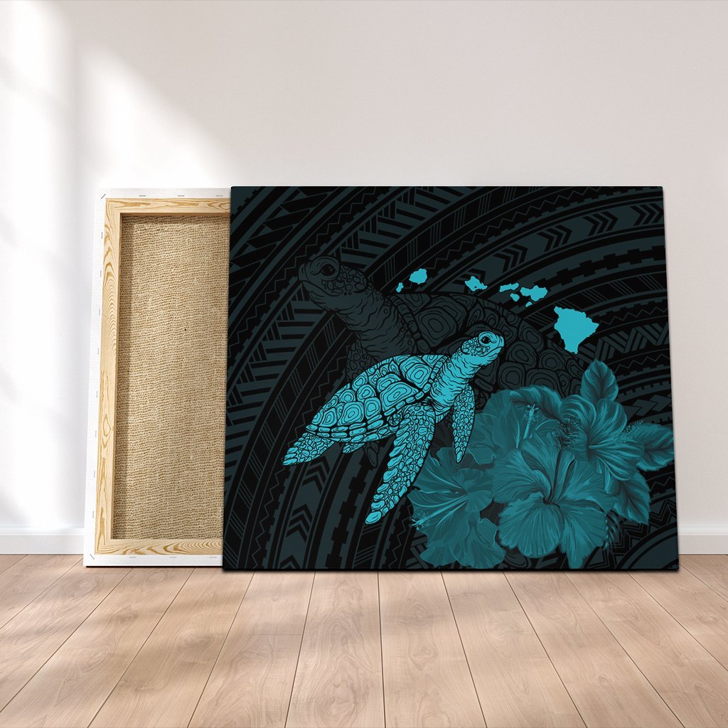 Hawaii Polynesian Hibiscus Turtle Map Canvas Blue - AH Canvas Poly-cotton - Polynesian Pride