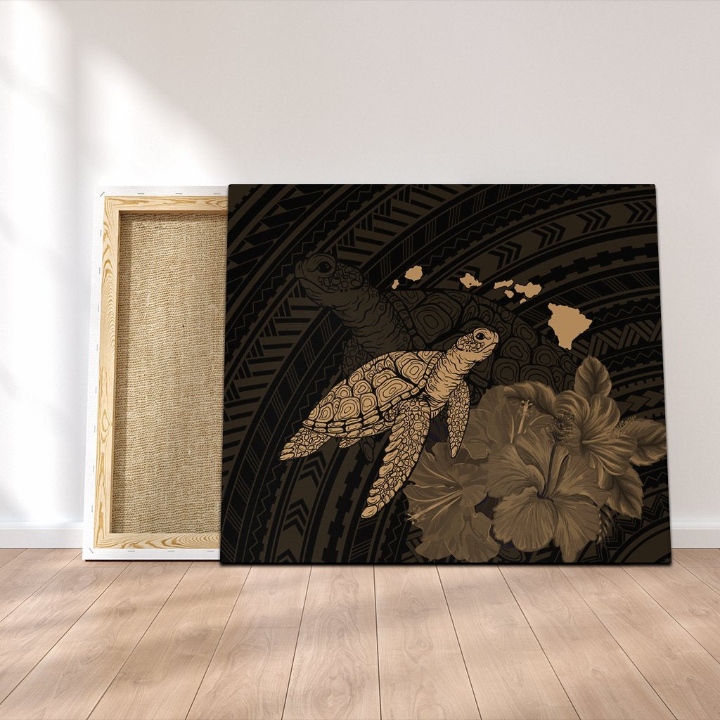 Hawaii Polynesian Hibiscus Turtle Map Canvas Gold - AH Canvas Poly-cotton - Polynesian Pride