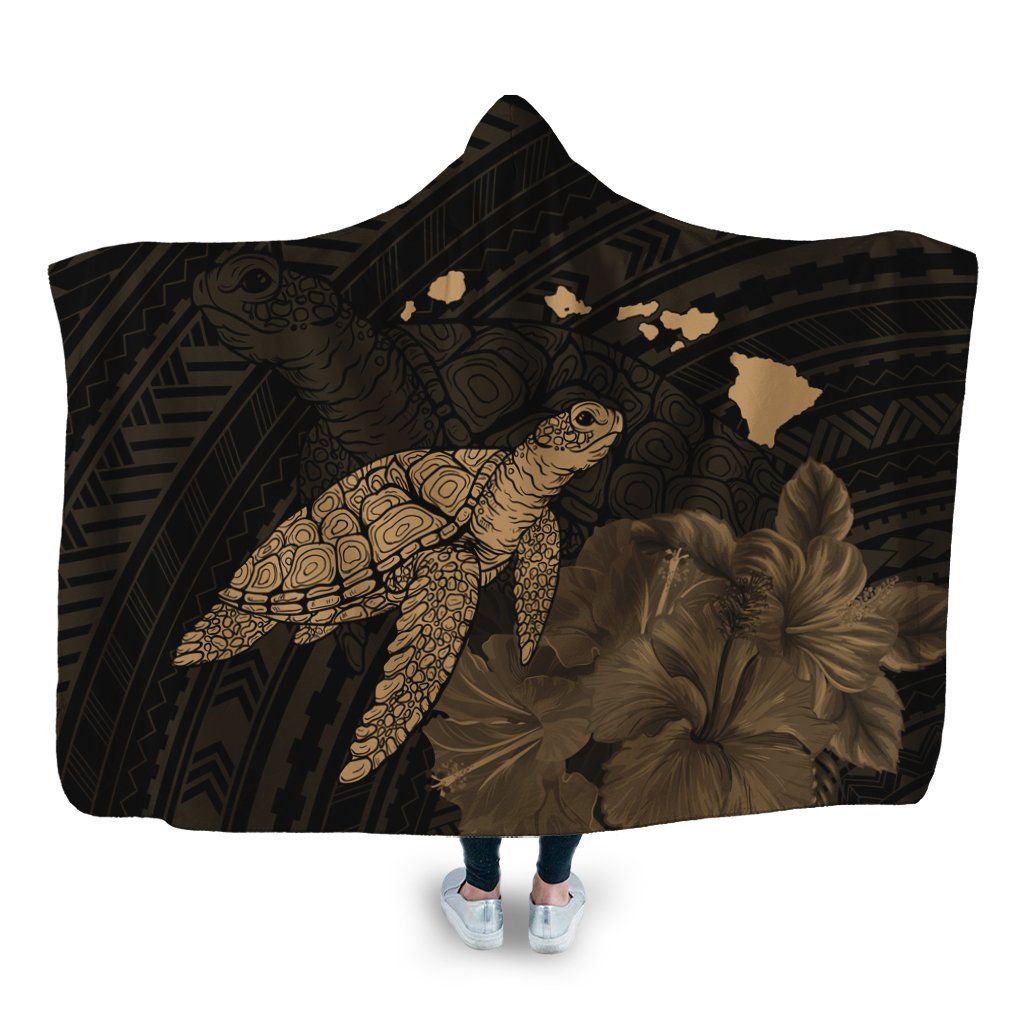 Hawaii Polynesian Hibiscus Turtle Map Hooded Blanket Gold - AH Hooded Blanket White - Polynesian Pride