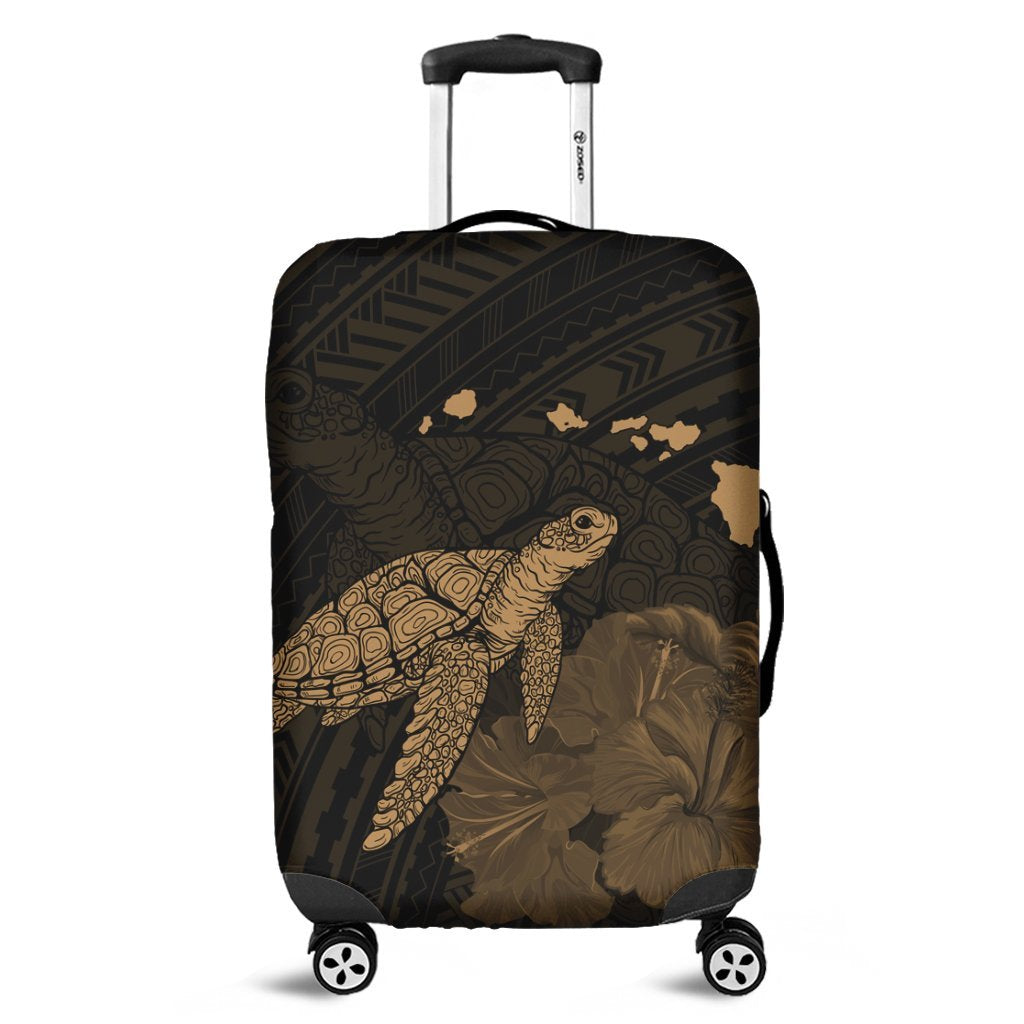 Hawaii Polynesian Hibiscus Turtle Map Luggage Covers Gold - AH Black - Polynesian Pride