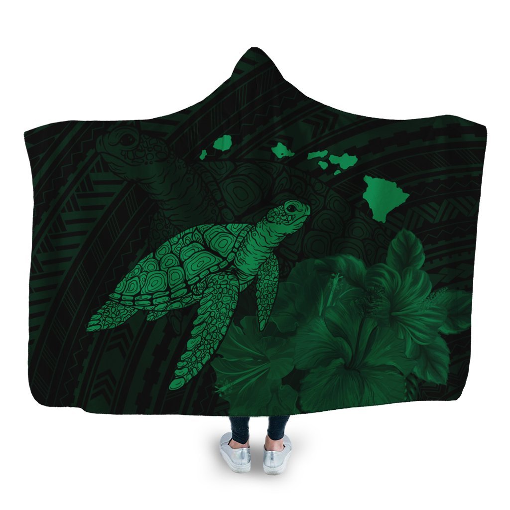 Hawaii Polynesian Hibiscus Turtle Map Hooded Blanket Green - AH Hooded Blanket White - Polynesian Pride