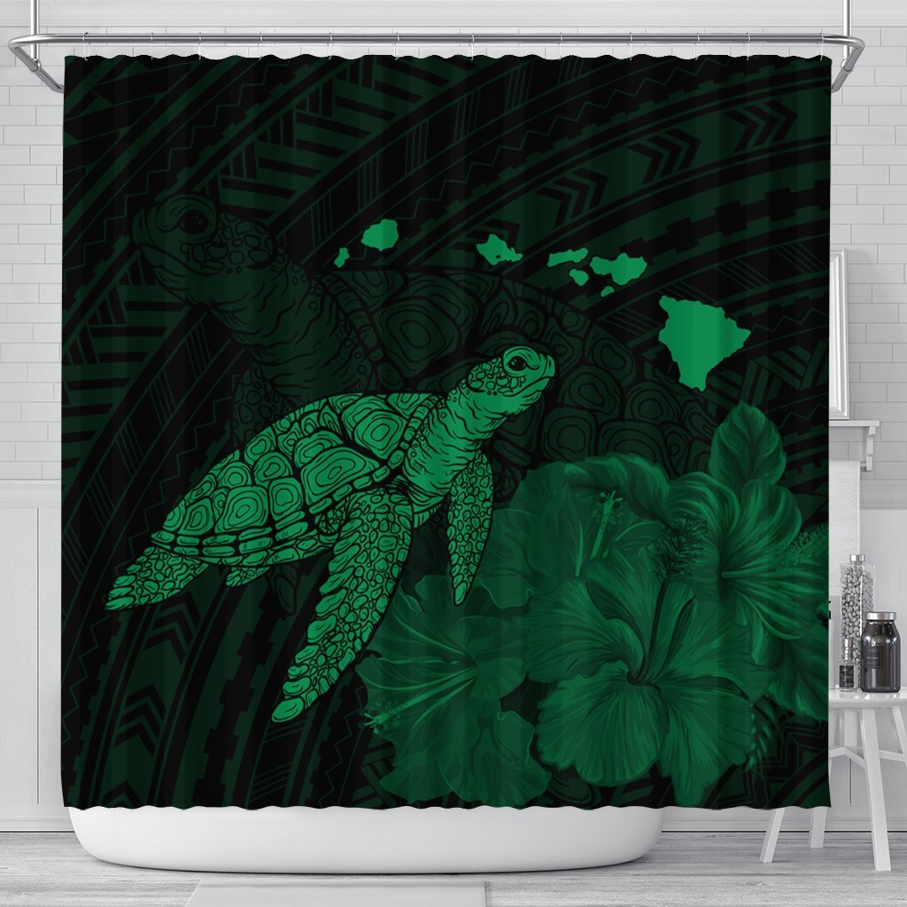 Hawaii Polynesian Hibiscus Turtle Map Shower Curtain Green - AH 177 x 172 (cm) Black - Polynesian Pride