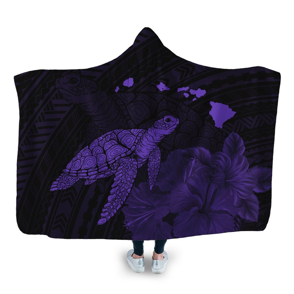 Hawaii Polynesian Hibiscus Turtle Map Hooded Blanket Purple - AH Hooded Blanket White - Polynesian Pride