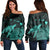 Hawaii Polynesian Hibiscus Turtle Map Women's Off Shoulder Sweater Turquoise - AH Black - Polynesian Pride