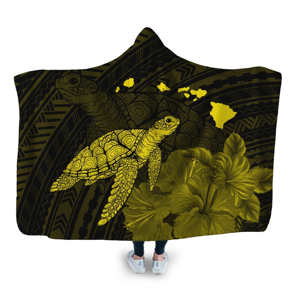 Hawaii Polynesian Hibiscus Turtle Map Hooded Blanket Yellow - AH Hooded Blanket White - Polynesian Pride