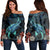 Hawaii Polynesian Honu Sea Hibiscus Women's Off Shoulder Sweater - AH Black - Polynesian Pride