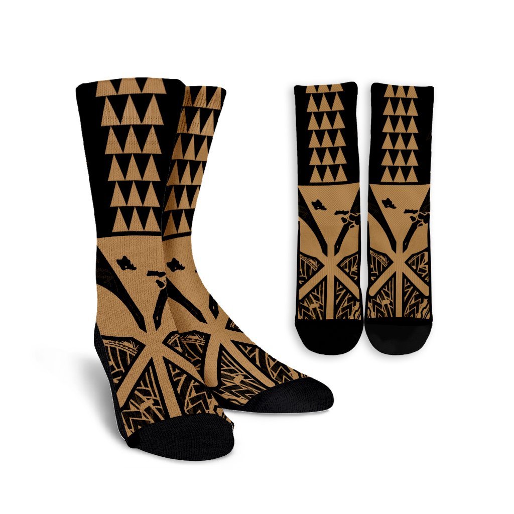 Hawaii Polynesian Kanaka Kakau Crew Socks - Alan Style Gold - AH Crew Socks White - Polynesian Pride