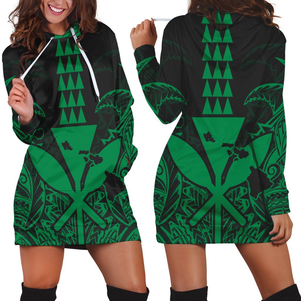 Hawaii Polynesian Kanaka Kakau Hoodie Dress - Alan Style Green - AH Black - Polynesian Pride