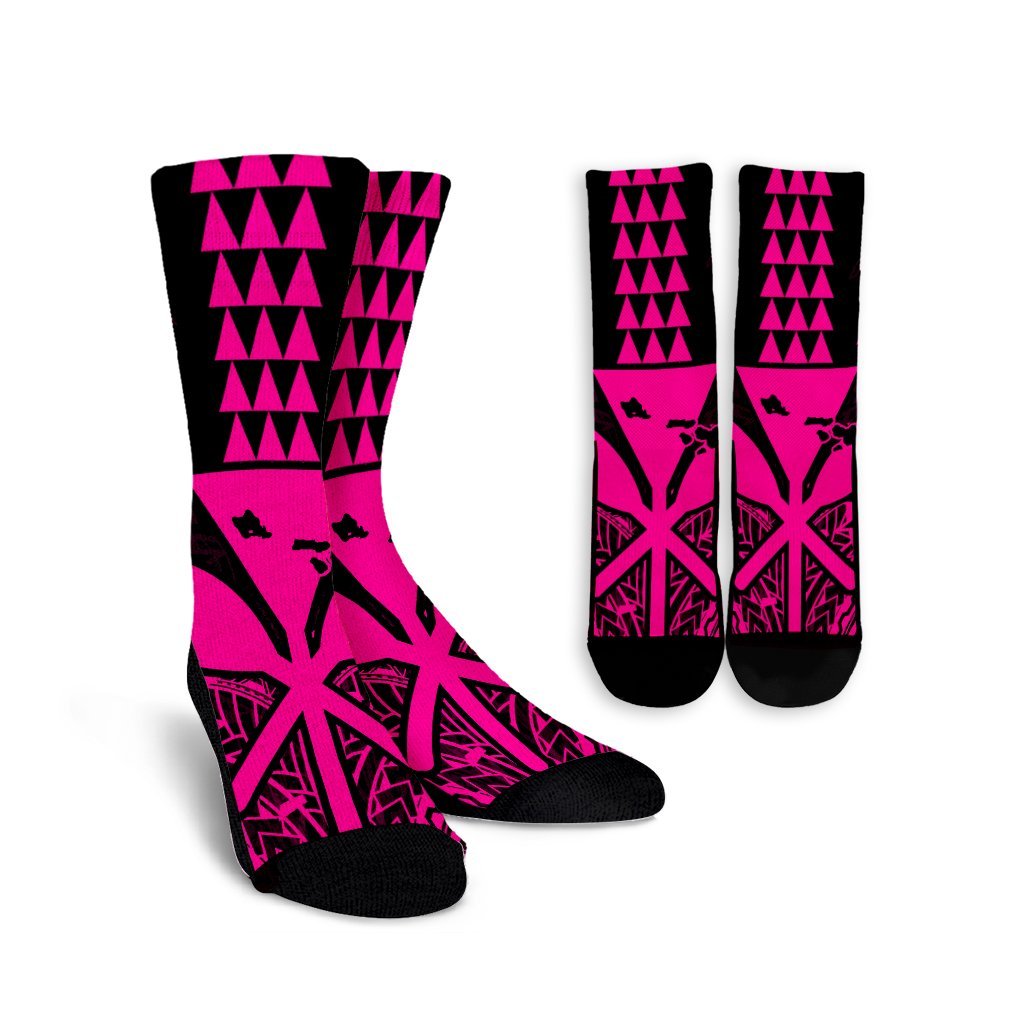 Hawaii Polynesian Kanaka Kakau Crew Socks - Alan Style Pink - AH Crew Socks White - Polynesian Pride