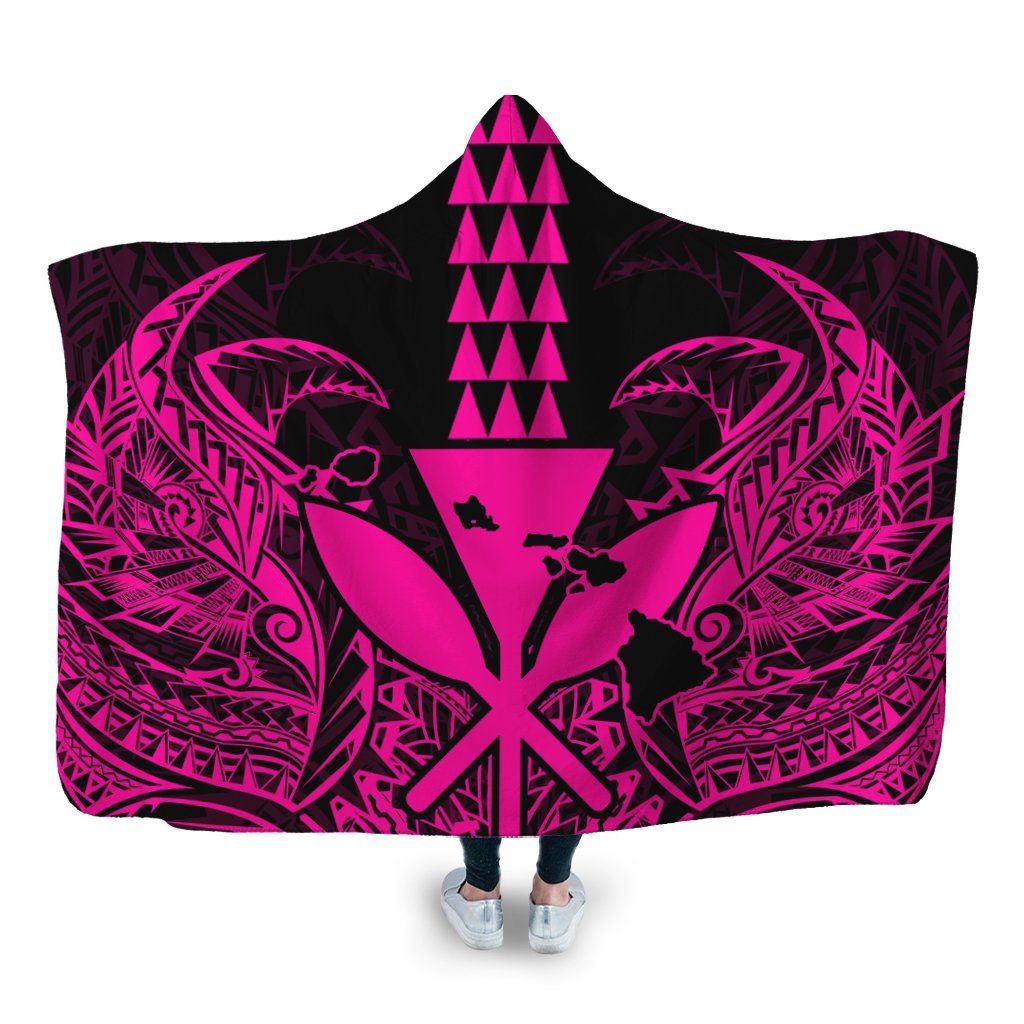 Hawaii Polynesian Kanaka Kakau Hooded Blanket - Alan Style Pink - AH Hooded Blanket White - Polynesian Pride