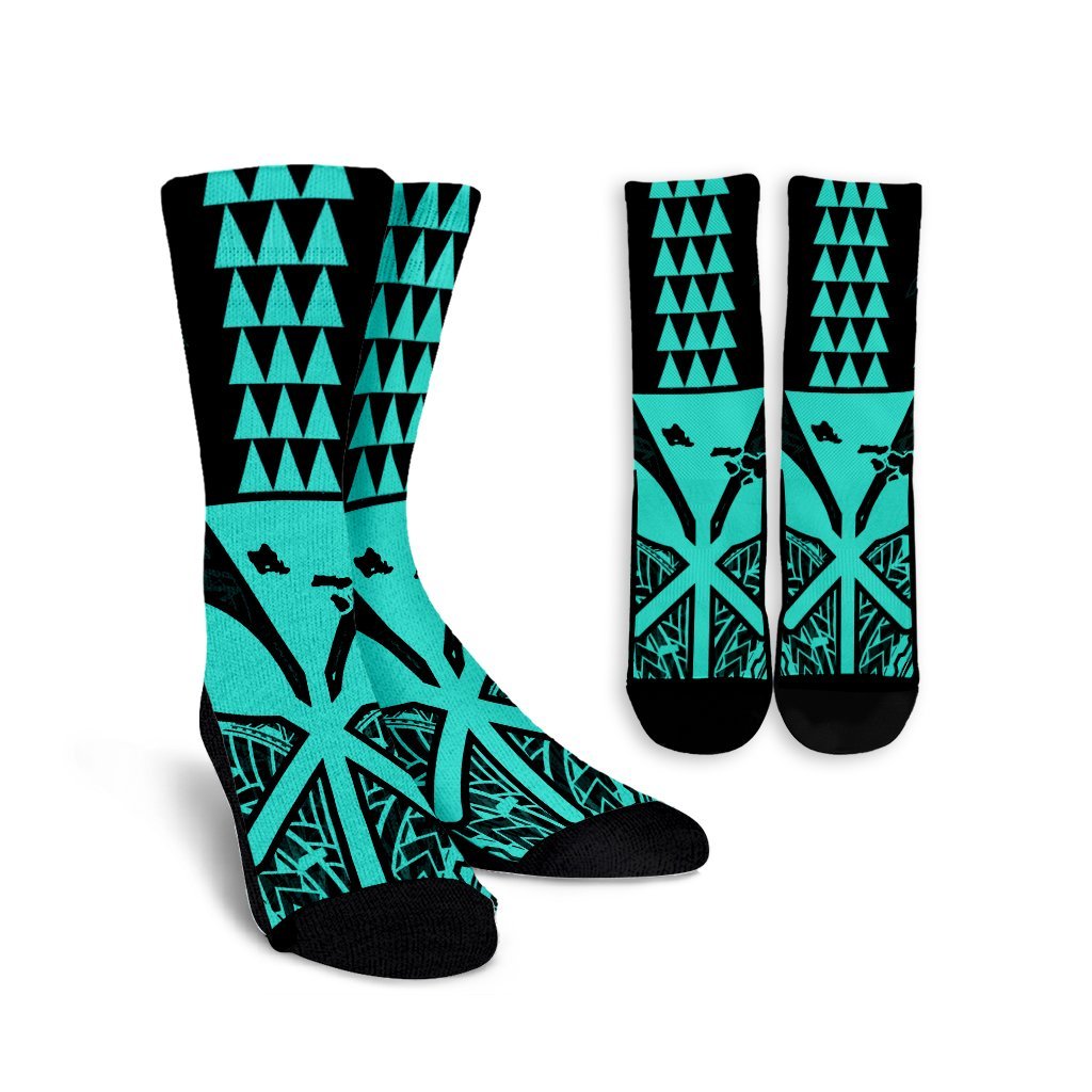 Hawaii Polynesian Kanaka Kakau Crew Socks - Alan Style Turquoise - AH Crew Socks White - Polynesian Pride